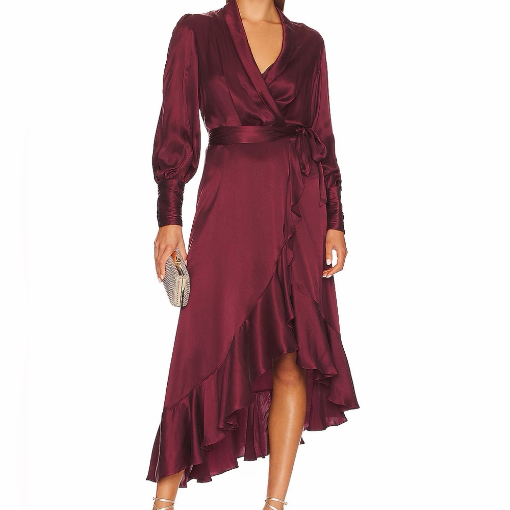 Zimmermann Burgundy Red Silk Wrap Midi Dress